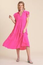 Umgee Tiered Midi Dress with Ruffled Sleeves in Hot Pink ON ORDER - Image 2